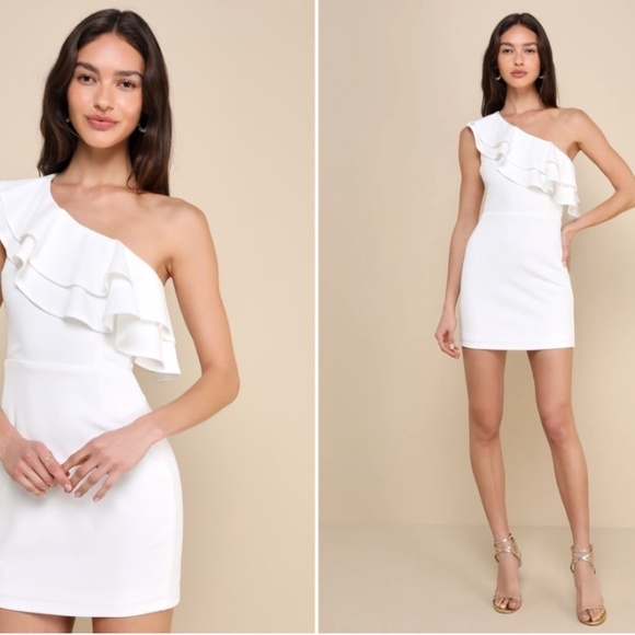 LULU's Bachelorette Engagement Bridal Sexy One Shoulder Ruffle Mini Dress - Picture 1 of 3
